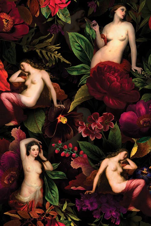 Antique Nymphs In Flower Night Garden