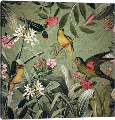 Birds In Paradise Canvas Art Print - Green Art