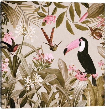Toucan In Vintage Rainforest Canvas Art Print - Toucan Art