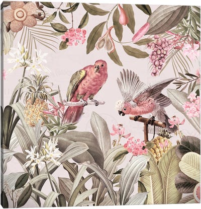 Colorful Parrots In Vintage Rainforest Canvas Art Print - UtArt