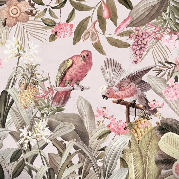 Vintage Animal Illustrations: Colorful Parrots In Vintage Rainforest by UtArt