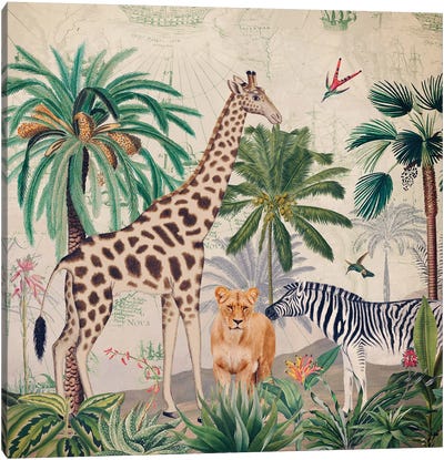 African Vintage Jungle Canvas Art Print - Zebra Art