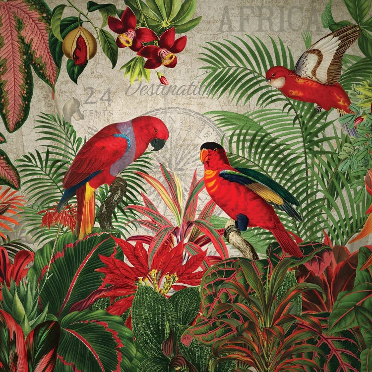 Red Parrots In Vintage Jungle