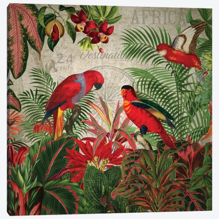 Red Parrots In Vintage Jungle Canvas Print #UTA403} by UtArt Canvas Art