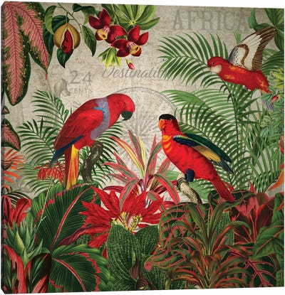 Red Parrots In Vintage Jungle Canvas Art Print - Green Art