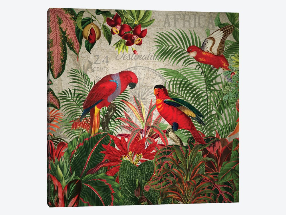 Red Parrots In Vintage Jungle by UtArt 1-piece Canvas Print