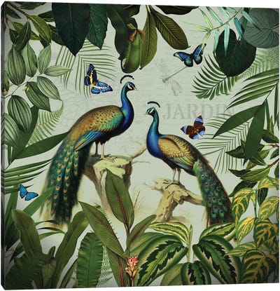 Peacocks In Tropical Rainforest Canvas Art Print - Green Art