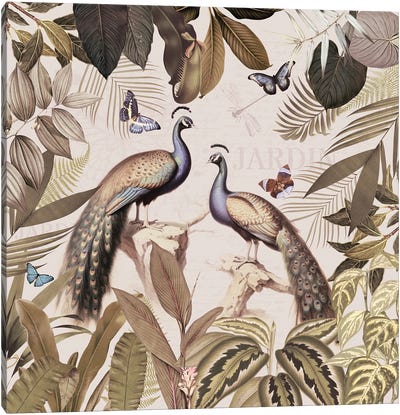 Peacocks In Vintage Rainforest Canvas Art Print - Peacock Art