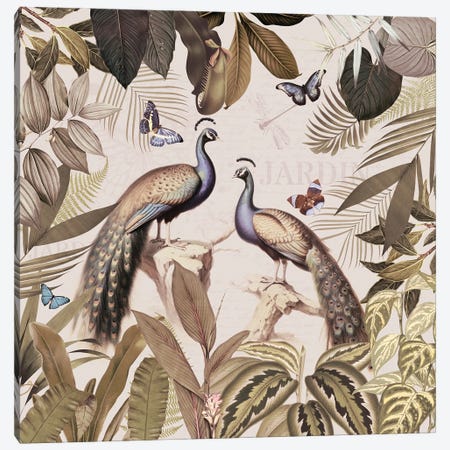 Peacocks In Vintage Rainforest Canvas Print #UTA407} by UtArt Art Print