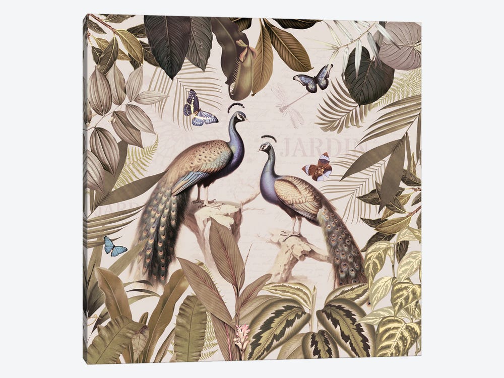 Peacocks In Vintage Rainforest by UtArt 1-piece Canvas Art Print