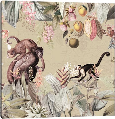 Happy Monkeys In Nostalgic Jungle Canvas Art Print - Primate Art