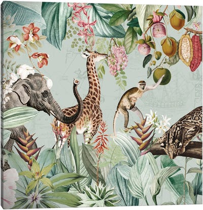 Wild Animals Party In Vintage Jungle Canvas Art Print - Green Art