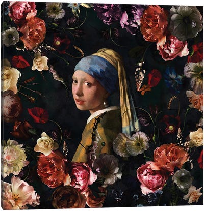 Girl With Flowers Canvas Art Print - Girl with a Pearl Earring Reimagined