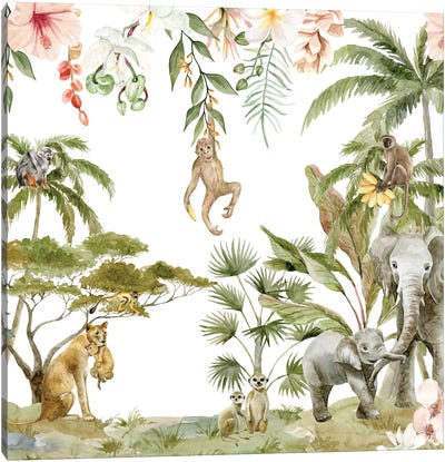 Baby Animals In Jungle Canvas Art Print - Primate Art