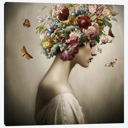 Vintage Girl With Flower Hat And Butterflies Canvas Print #UTA430} by UtArt Canvas Art Print