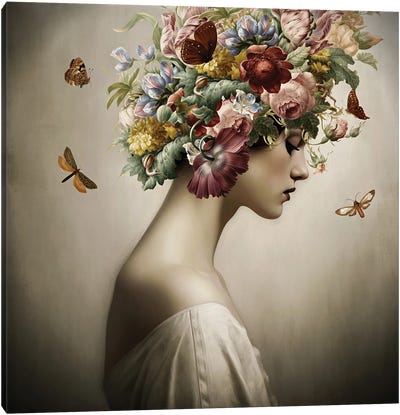 Vintage Girl With Flower Hat And Butterflies Canvas Art Print