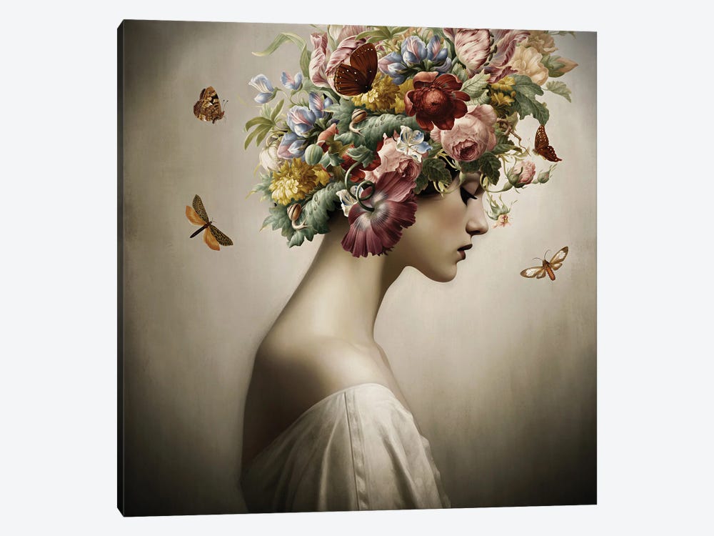 Vintage Girl With Flower Hat And Butterflies by UtArt 1-piece Canvas Art Print