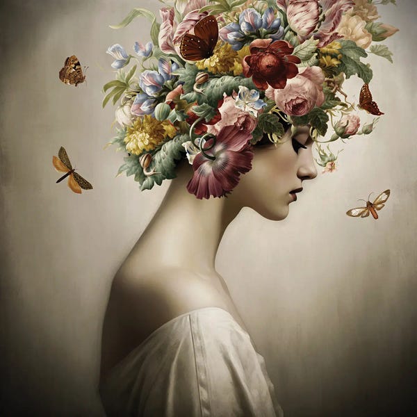 UtArt: Vintage Girl With Flower Hat And Butterflies by UtArt