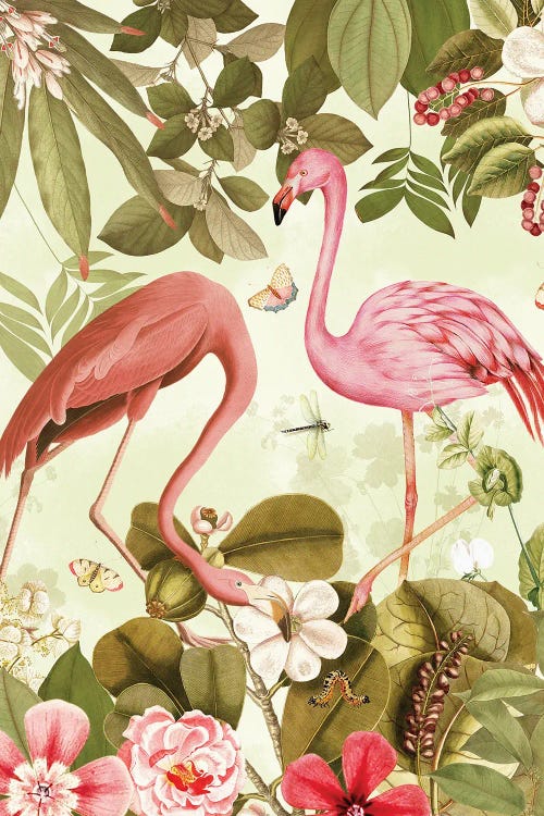 Pink Vintage Flamingo Tropical Flower Jungle Paradise by UtArt wall art