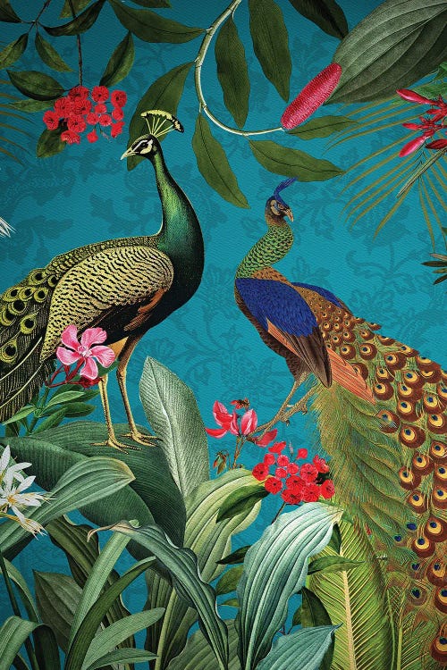 Mystic Vintage Tropical Jungle With Peacocks by UtArt wall art