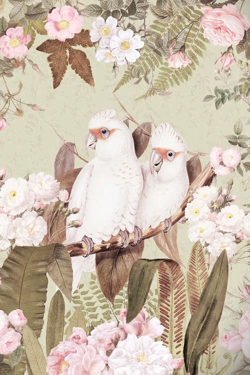 Exotic Vintage Cockatoos In A Beautiful Rose Jungle