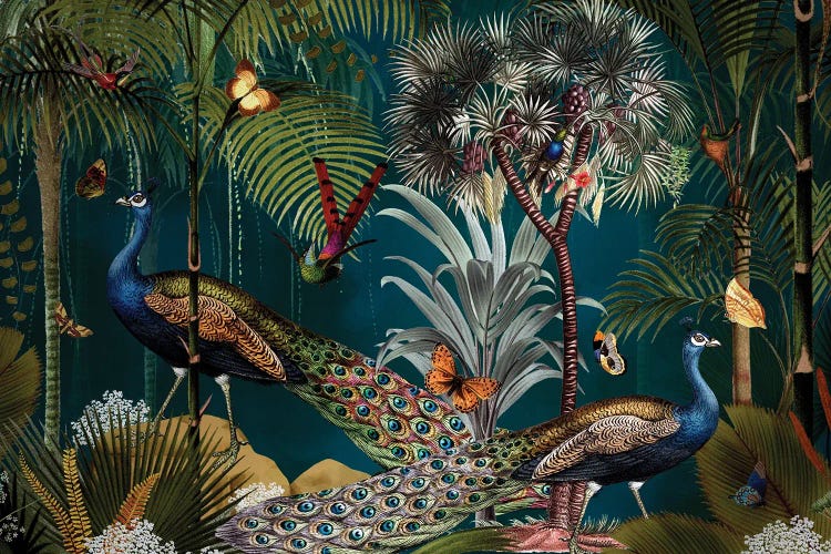 Midnight Tropical Peacock Garden by UtArt wall art