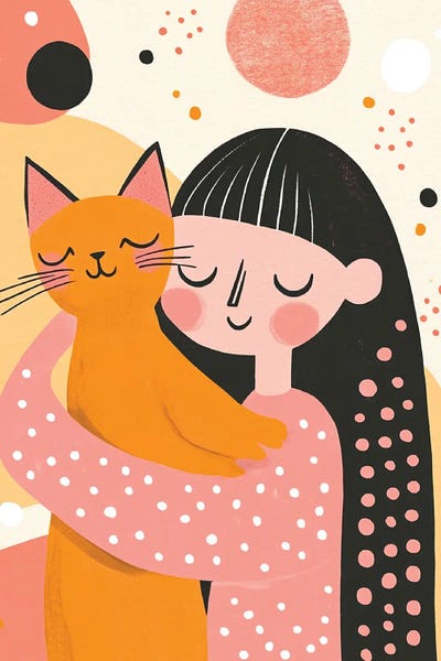 UtArt: Whimsical Mid-Century Girl With Orange Cat In Pastel Pink by UtArt
