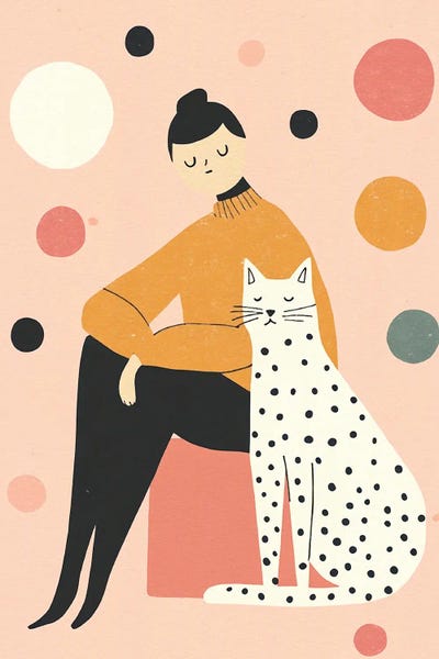 Whimsical Mid-Century Girl With White Black Cat In Pink