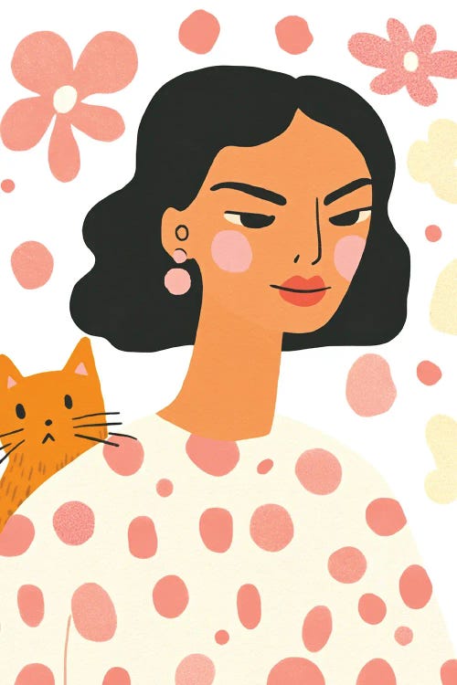 Whimsical Mid-Century Girl With Orange Cat And Pastel Flower by UtArt wall art
