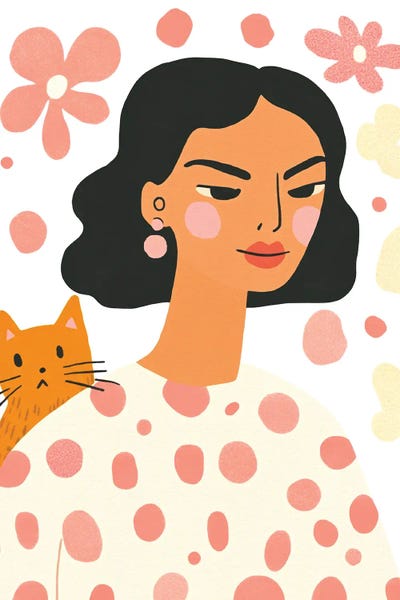 Whimsical Mid-Century Girl With Orange Cat And Pastel Flower