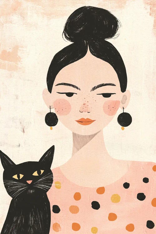 Whimsical Mid-Century Black-Haired Girl With Black Cat