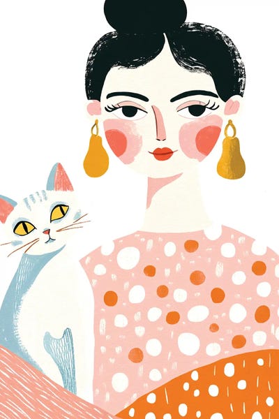 Whimsical Mid-Century Black-Haired Girl With White Cat