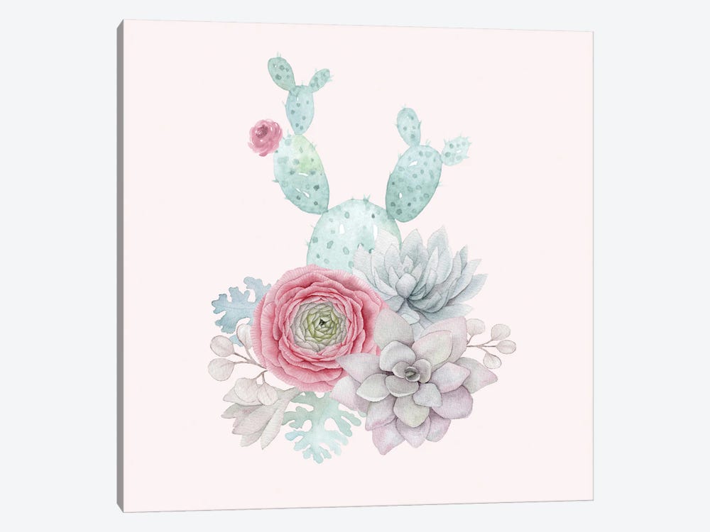 Blush Watercolor Cacti And Flowers by UtArt 1-piece Canvas Artwork