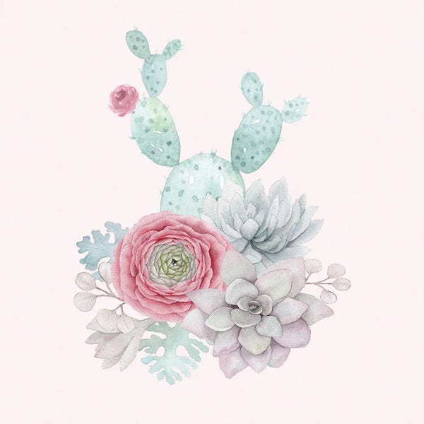 UtArt: Blush Watercolor Cacti And Flowers by UtArt
