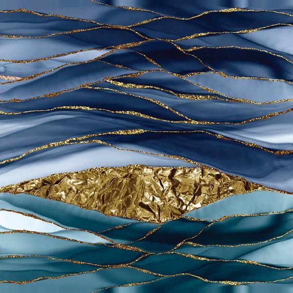 Dark Blue Gold And Glamour Marbling Landscape