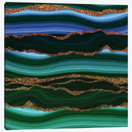 Dark Green And Blue Marble Slices With Gold Glitter Veins Canvas Print #UTA88} by UtArt Canvas Artwork
