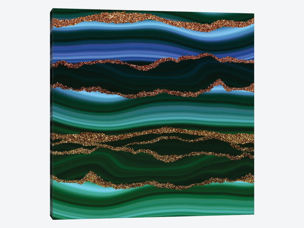 Dark Green And Blue Marble Slices With Gold Glitter Veins by UtArt 1-piece Canvas Art
