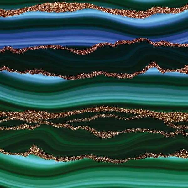 Giclee Features: Dark Green And Blue Marble Slices With Gold Glitter Veins by UtArt