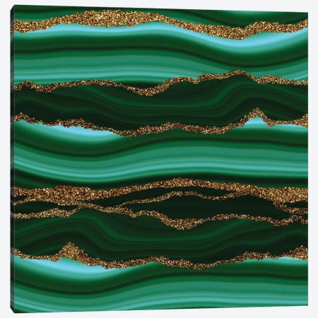 Dark Green Marble Slices With Gold Glitter Veins Canvas Print #UTA89} by UtArt Canvas Artwork
