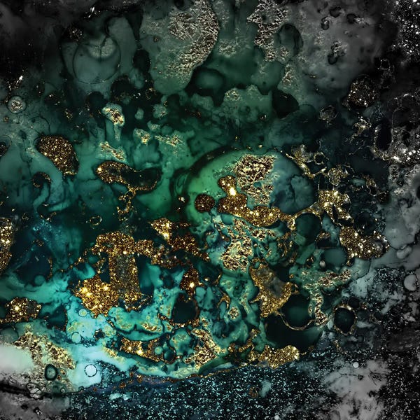 Jewel Tone Abstracts: Emerald And Gold Marlble by UtArt