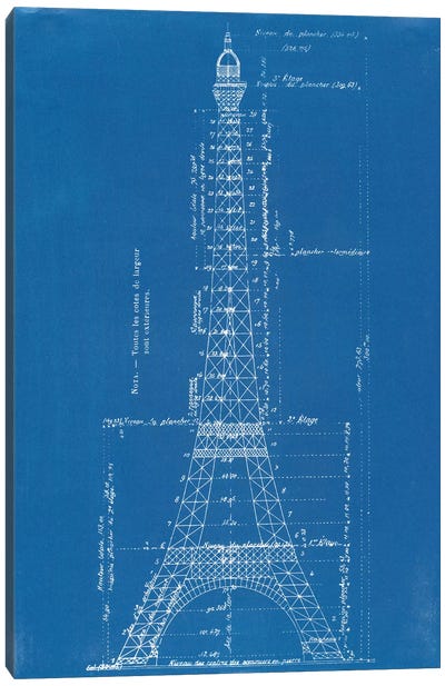 Eiffel Tower Blueprint Canvas Art Print - Famous Buildings & Towers
