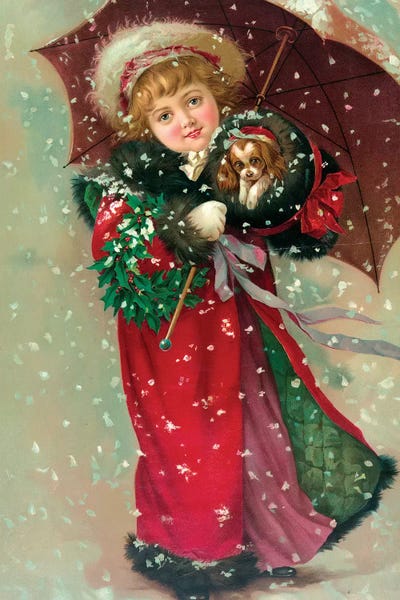 Little Girl & Dog In The Snow by Vintage Apple Collection metal wall art