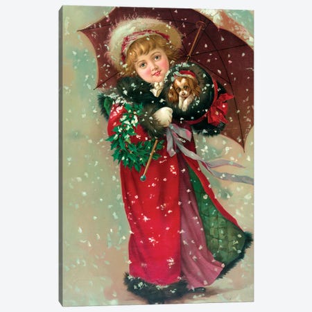 Little Girl & Dog In The Snow Canvas Print #VAC1780} by Vintage Apple Collection Canvas Artwork