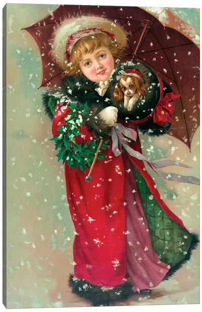 Little Girl & Dog In The Snow Canvas Art Print - Vintage Christmas Décor