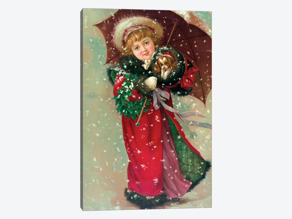 Little Girl & Dog In The Snow by Vintage Apple Collection 1-piece Canvas Art Print