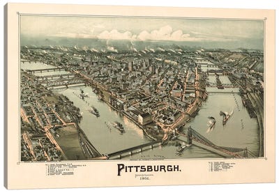 Pittsburgh, Bird's Eye View, 1902 Canvas Art Print - 3-Piece Map Art