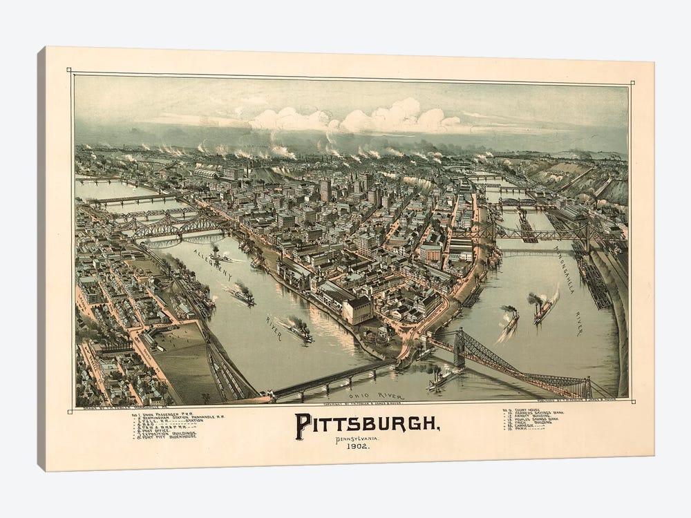 Pittsburgh, Bird's Eye View, 1902 by Vintage Apple Collection 1-piece Canvas Art Print