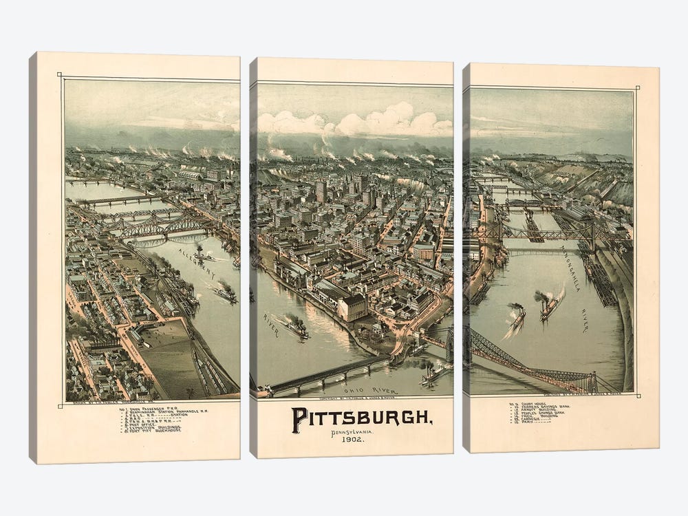 Pittsburgh, Bird's Eye View, 1902 by Vintage Apple Collection 3-piece Canvas Art Print