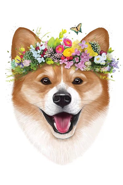 Corgi With Flowers by Valeriya Korenkova metal wall art