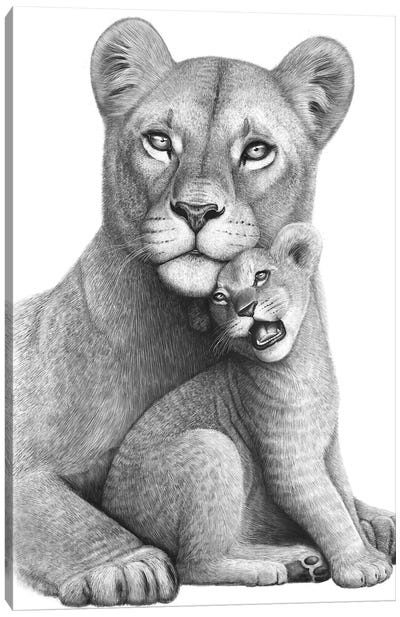 Lioness With A Baby Canvas Art Print - Valeriya Korenkova